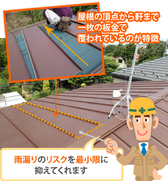 屋根の頂点から軒まで一枚の板金で覆われているのが特徴で、雨漏りのリスクを最小限に抑えてくれます