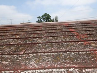 築40年になるスレート屋根は塗膜が剥がれ、アスベストを含んだ屋根材であることがわかります