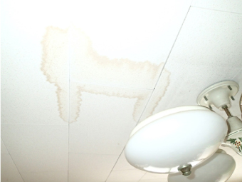 屋根真下にある部屋の真っ白な天井には大きな雨染みがあります